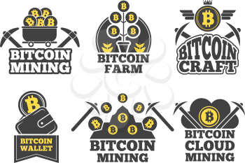 Labels or logos for companies. Monochrome badges for crypto industry. Vector crypto mining label, finance digital bitcoin farm illustration