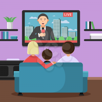 Family couple sitting on sofa and watching news at tv. Vector family sitting and watch news illustration