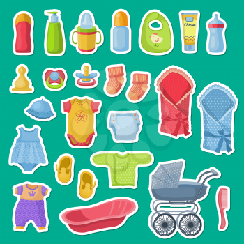 Vector baby accessories stickers isolated on blue background. Illustration of sticker carriage and pacifier, diaper and clothing