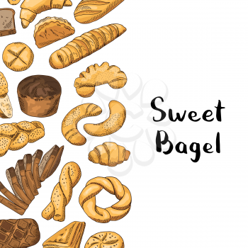 Vector hand drawn colored bakery elements illustration with place for text. Sweet bagel
