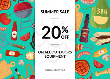 Vector barbecue or grill elements horizontal sale background. Illlustration of bbq advertising, barbecue banner and poster
