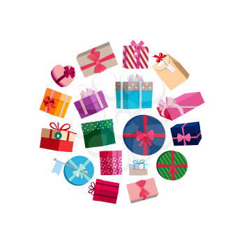 Vector gift packages and boxes with colorful wrapping round illustration. Box with gifts