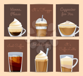 Vector different filled coffee cups card templates with place for text. Coffee card poster for restaurant cafe menu illustration