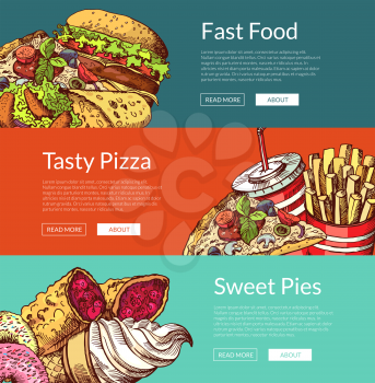 Vector horizontal banners with fastfood burgers, ice cream, donuts and pizza illustration