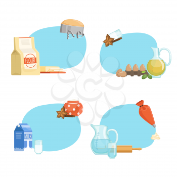 Vector cooking ingridients or groceries stickers with place for text set illustration