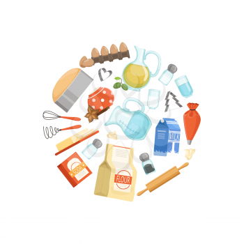 Vector cooking ingridients or groceries circle concept illustration. Color food round badge