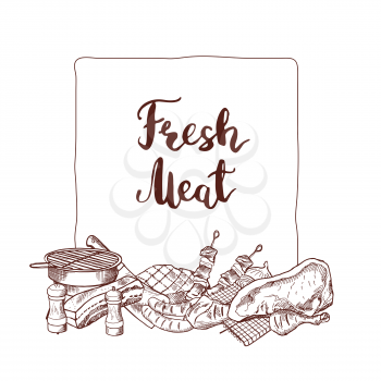 Vector hand drawn monochrome meat elements gathered under frame with place for text illustration