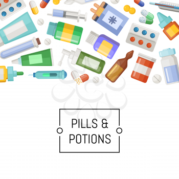 Vector medicines banner, pills and potions background with place for text illustration