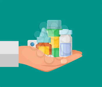 Vector cartoon hand keeping pile of medicines pills and bottle illustration