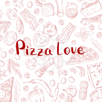 Vector hand drawn cooking pizza elements background pattern with lettering illustration