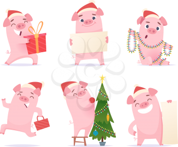 Cute pig. New year celebration cartoon mascots boar piglet hog vector characters in action poses. Mascot piglet to chinese happy new year illustration