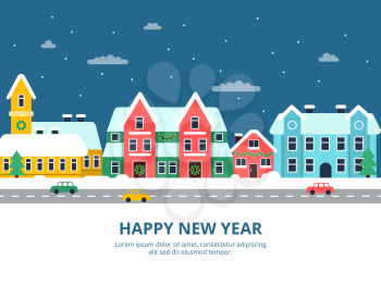 Winter urban landscape. Snowy roof city buildings night with snowflakes christmas holiday town vector illustrations. Banner happy new year with snow city and road car