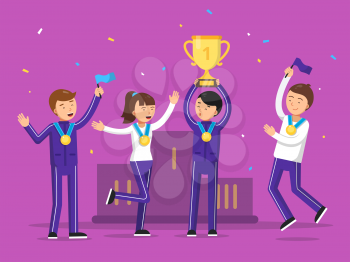 Sport winners celebrating their victory. Happiness people sport team award and winner, victory celebration. Vector illustration