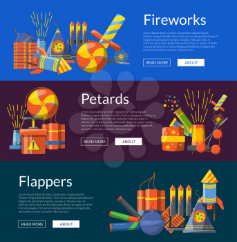 Vector cartoon pyrotechnics color horizontal web banners of set illustration