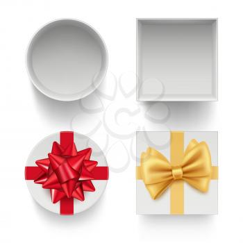 Present boxes with bows. Gifts celebration packages with colored ribbons red and golden vector template isolated. Illustration of gift box to birthday holiday, surprise christmas present