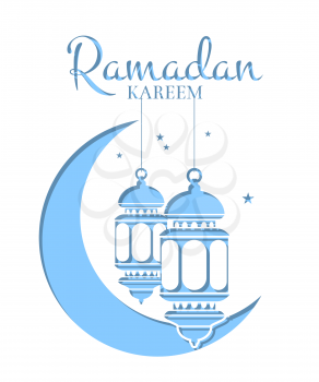 Vector Ramadan illustration in paper style with lanterns, moon and text carved out