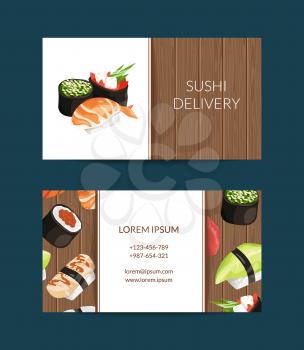 Vector business card templates in cartoon style for sushi restaurant or cooking lessons with wooden texture background illustration