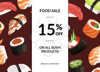 Vector cartoon sushi sale horizontal illustration with vertical ribbon and place for text illustration