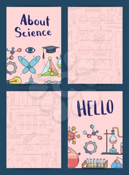 Vector notes or card templates set with sketched science or chemistry elements and cute lettering illustration