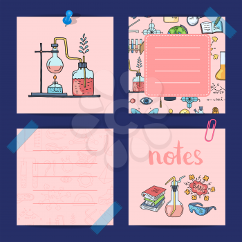 Vector notes templates set with sketched science or chemistry elements and cute lettering. Illustration of note chemistry sketch science