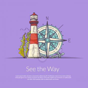 Sea navigation lighthouse and wind rose. Vector marine nautical compass illustration