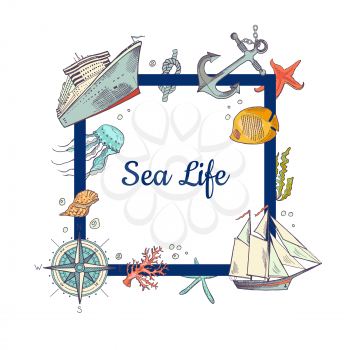 Vector frame with place for text and sketched sea elements around it illustration