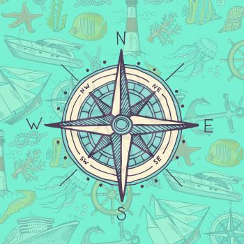 Vector colored and sketched compass on sea elements background illustration