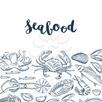 Vector banner and poster background illustration with hand drawn seafood elements and lettering