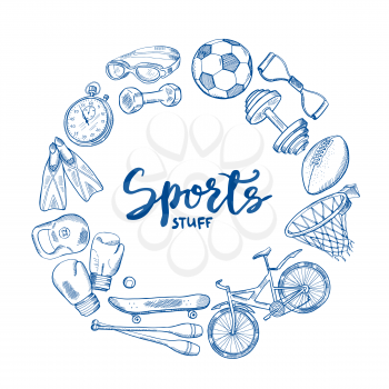 Vector hand drawn sports tools circle concept with lettering in center. Equipment sport sketch doodle, fitness training illustration