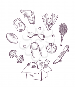 Vector hand drawn sports equipment jumping out of the box concept illustration
