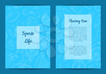 Vector hand drawn sports equipment store or fitness gym card or brochure template with place for text illustration
