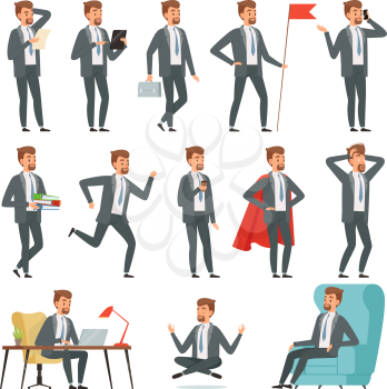 Characters of businessman. Set of businessman in various action poses. Business man worker, entrepreneur professional, vector illustration