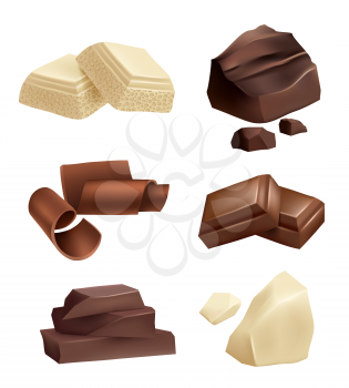 Chocolate icon set. Realistic pictures of chocolate various types. Food dessert sweet, cocoa snack, vector illustration