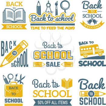 Back to school labels set. Vector monochrome badges isolate. Back to school learning study, insignia emblem sale illustration