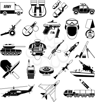War monochrome icons set. Silhouette of military pictures. Battleship, soldiers, trucks, and different weapons. Military black battleship and grenade, ammunition and launcher. Vector illustration