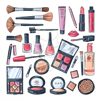 Makeup products for women. Colored hand drawn illustrations of different cosmetic accessories. Female makeup product, vector beauty and care