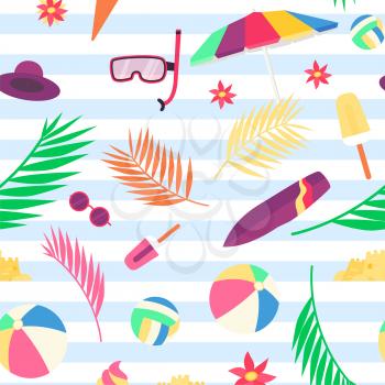 Summer pattern with beach objects and accessories. Trendy strips, vector illustration