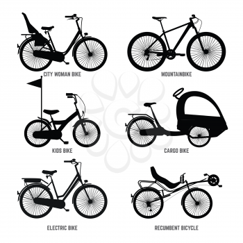 Silhouette of different bicycles for children, man and woman. Vector monochrome illustrations. Electric and cargo bike for people woman and man