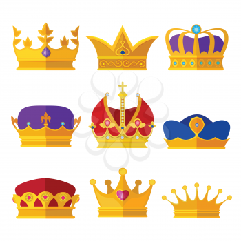 Golden crowns of kings, prince or queen. Vector illustrations set in cartoon style. Gold luxury crown for princess and royalty queen