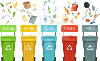 Plastic containers for garbage of different types. Vector illustrations in cartoon style. Container for garbage and waste, metal paper and glass
