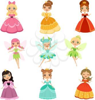 Cartoon funny fantasy princesses in different dresses and costumes. Fairytale vector illustration set of wing fairy in dress