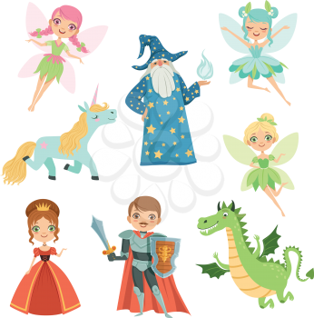 Fairytale characters set in different costumes. Princess, funny unicorn. Wizard, dragon and knight. Vector illustrations in cartoon style. Fairy wing and unicorn, knight and magic dragon