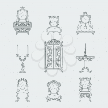 Home antique furniture chairs, dresser, bedside table, mirror. Vector hand drawing illustrations in baroque style. Old furniture, chandelier and clock drawing sketch