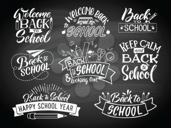 Set of monochrome school labels. Vector emblem design for education center or university. Back to school badge and welcome on chalkboard illustration