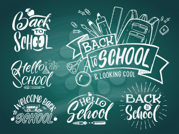 Vintage emblem set for school and university. Welcome to school. Vector hand writing words. Back to school text doodle on chalkboard illustration