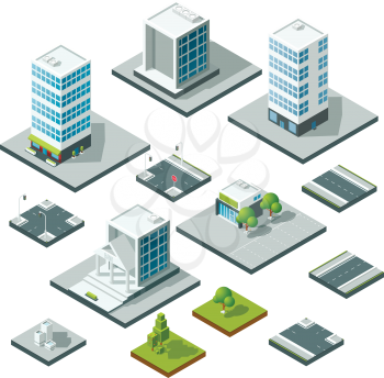 Set of isometric city landscape design elements. 3D constructor. Vector illustration