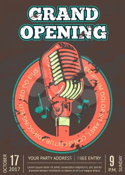 Retro opening karaoke club, bar, audio record studio poster with shabby music logo with microphone on grunge texture. Vector illustration