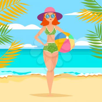 Young athletic girl with ball on the beach. Vector illustration