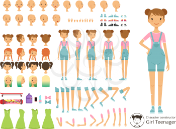 Young smile girl casual style. Mascot creation kit with different body parts. Vector cartoon constructor young girl, do-it-yourself part of body illustration
