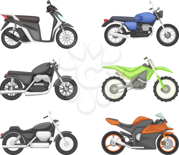 Different types of motorcycles. Vector set illustrations in cartoon style. Motorcycle speed transport collection